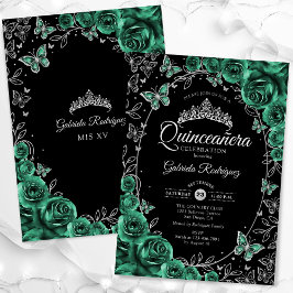 Invitación Quinceanera negra verde esmeralda