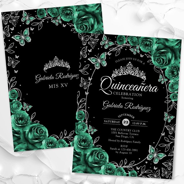 Invitación Quinceanera negra verde esmeralda (Subido por el creador)