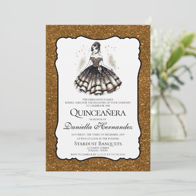 Invitación Quinceañera negra y dorada (Anverso de pie)