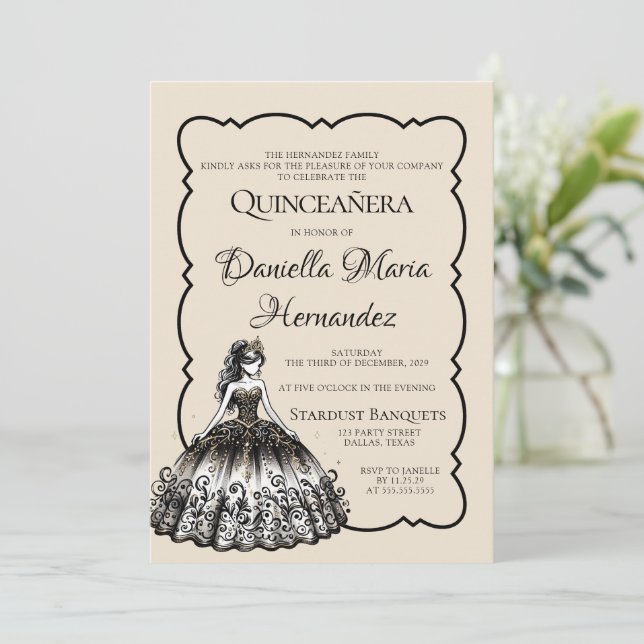 Invitación Quinceañera negra y dorada (Anverso de pie)