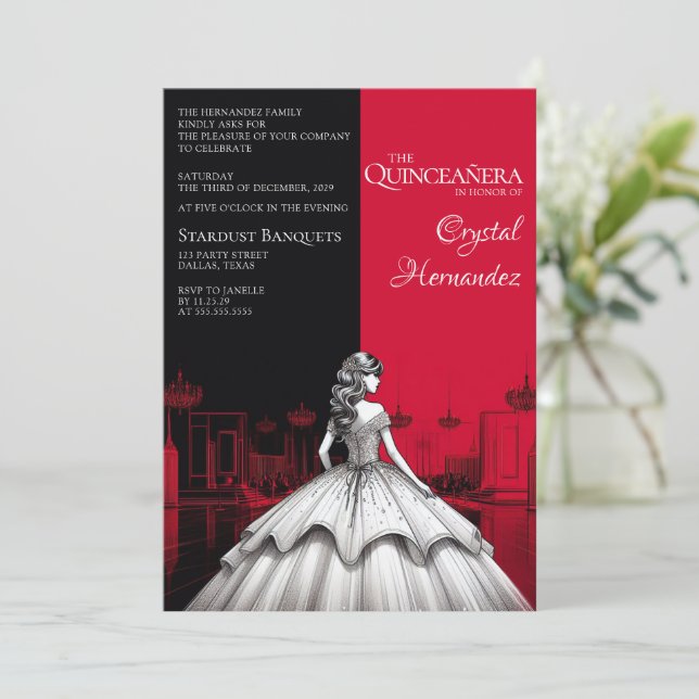 Invitación Quinceañera negra y roja (Anverso de pie)