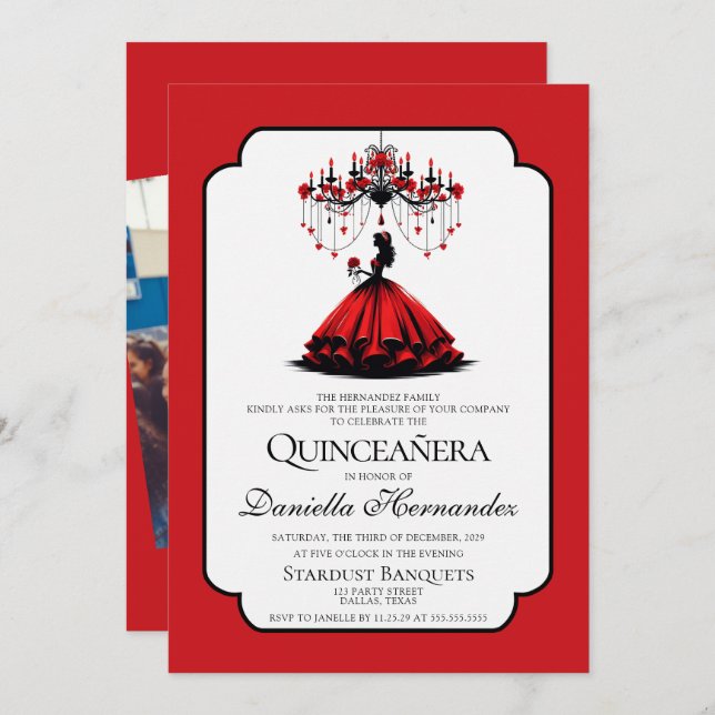 Invitación Quinceañera negra y roja (Anverso / Reverso)