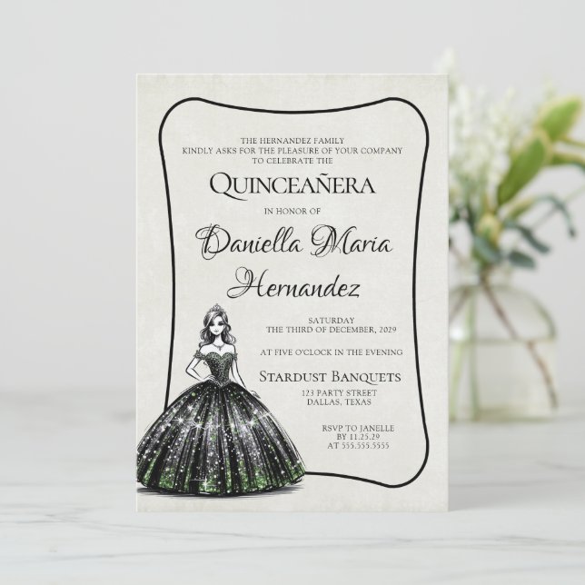 Invitación Quinceañera negra y verde (Anverso de pie)
