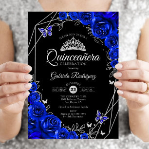 Invitación Quinceañera Negro Azul Real Floral Plateado