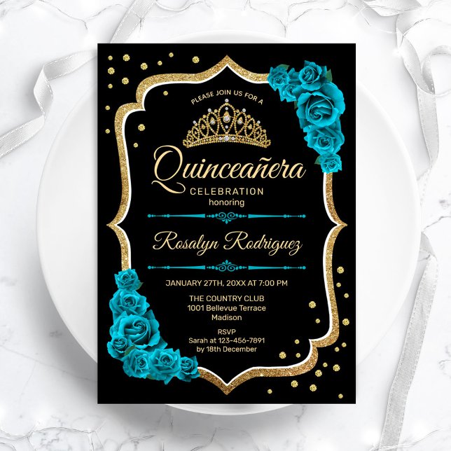 Invitación Quinceanera - Negro de oro Verde azulado (Subido por el creador)