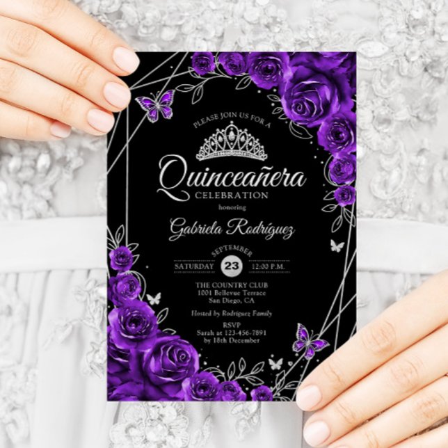 Invitación Quinceañera negro plata morado floral (Subido por el creador)