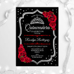 Invitación Quinceanera - Negro Plata Rojo<br><div class="desc">Invitación a la celebración de Quinceanera blanca y plateada. Incluye tipografía de guiones,  rosas rojas,  tiara y confetti. Diseño elegante con una falsa plata purpurina. Perfecto para una elegante celebración de glam.</div>