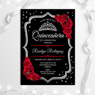 Invitación Quinceanera - Negro Plata Rojo