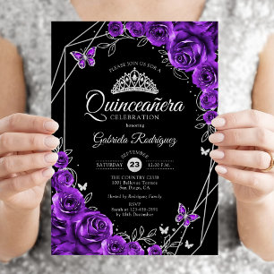 Invitación Quinceañera Negro Plateado Púrpura Floral