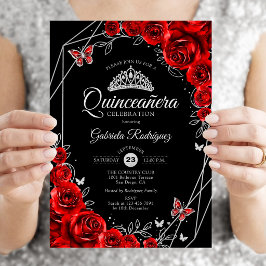 Invitación Quinceañera Negro Rojo Floral Plateado