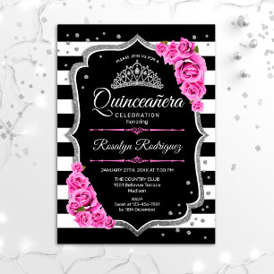 Invitación Quinceanera - Negro rosado plateado