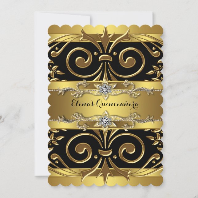 Invitación Quinceañera negro y dorado (Anverso)