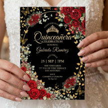 Quinceañera negro y rojo mariposas doradas rosas