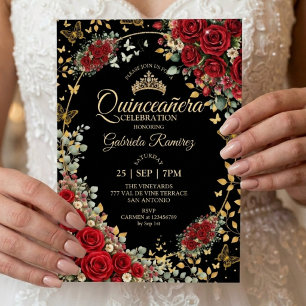 Invitación Quinceañera negro y rojo mariposas doradas rosas