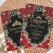 Quinceañera negro y rojo mariposas doradas rosas