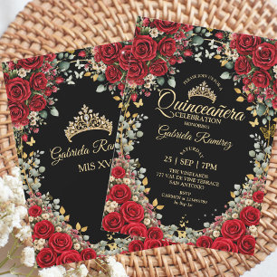 Invitación Quinceañera negro y rojo mariposas doradas rosas