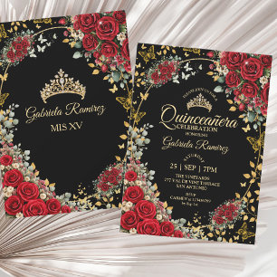 Invitación Quinceañera negro y rojo mariposas doradas rosas