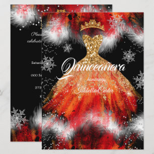 Invitación Quinceañera Nieve de fuego vestido rojo naranja hi