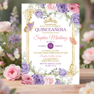 Invitación Quinceañera niña corona dorada floral rosa y púrpu