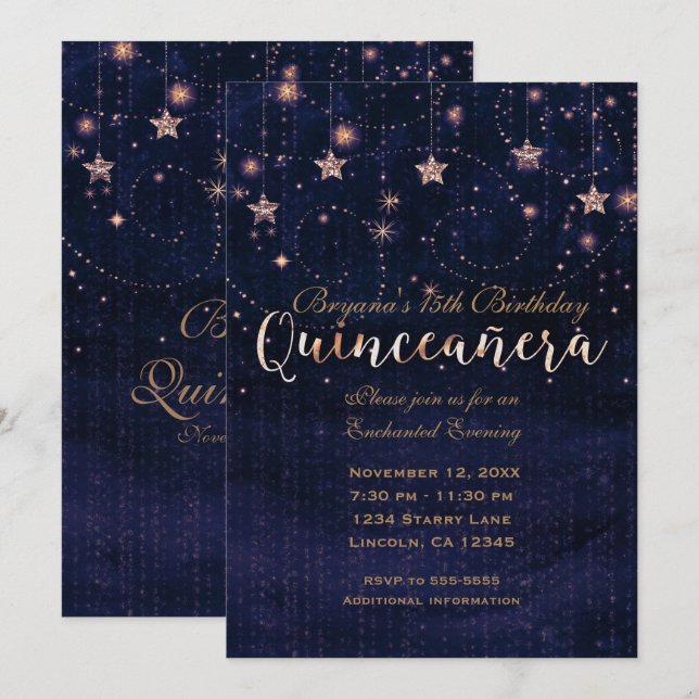 Invitación Quinceañera Noche Estrellada Púrpura y Dorado Capr (Anverso / Reverso)