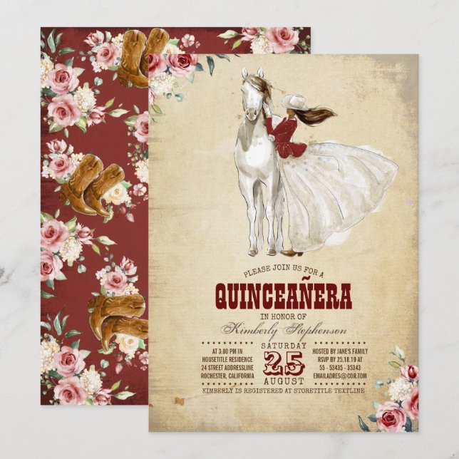 Invitación Quinceañera Occidental de Borgoña - 15º cumpleaños (Anverso / Reverso)