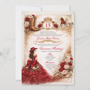 Invitación Quinceañera occidental de Borgoña Rosa Roja Vaquer