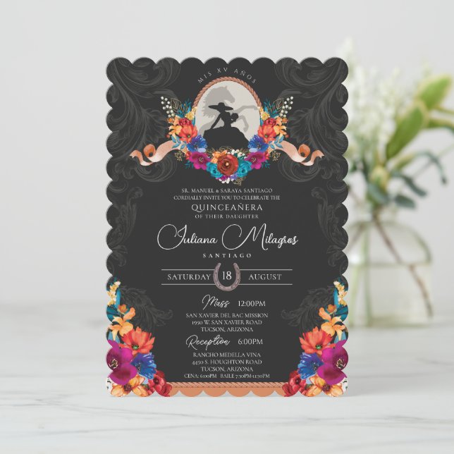 Invitación Quinceanera occidental floral colorida de la Fiest (Anverso de pie)