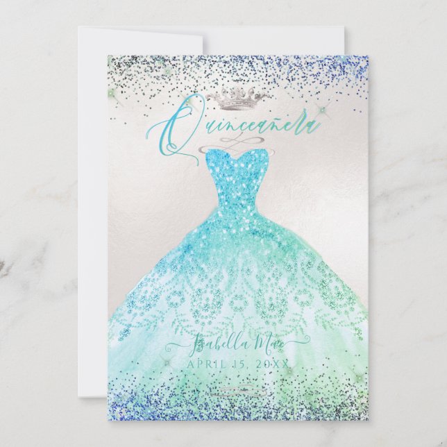 Invitación Quinceanera Ombre Aqua Green Purpurina Gown (Anverso)