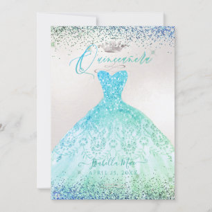 Invitación Quinceanera Ombre Aqua Green Purpurina Gown