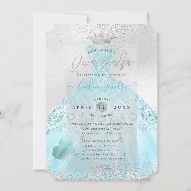 Invitación Quinceanera Ombre Azul Butterflies Princesa Gown (Reverso)