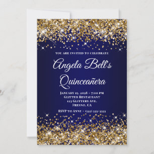 Invitación Quinceañera Ombre Azul Marino con Brillo Dorado