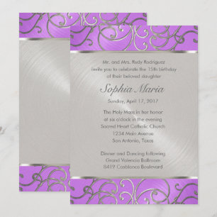 Invitación Quinceanera Orchid Plata Púrpura Piscina Filigrí