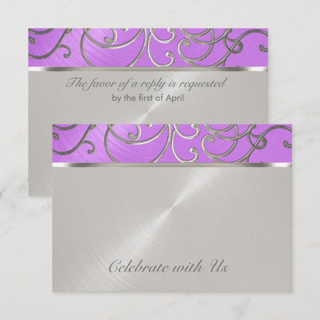 Invitación Quinceanera Orchid Plata Púrpura Piscina Filigrí (Anverso / Reverso)