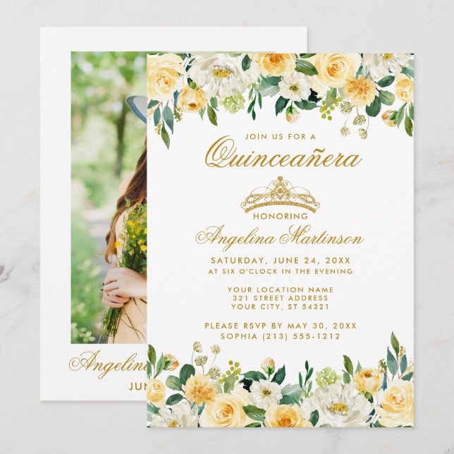 Invitación Quinceanera Oro Amarillo Floral Corona foto (Anverso / Reverso)