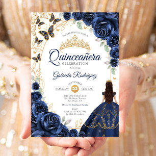 Invitación Quinceañera Oro Azul Floral