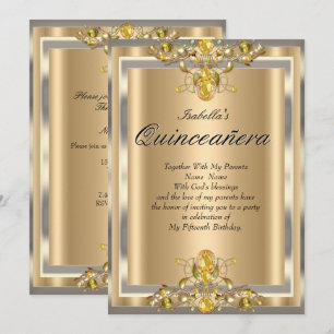 Invitación Quinceañera Oro Beige Amarillo Gemas 15 Cumpleaños