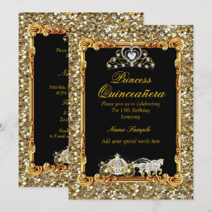 Invitación Quinceañera Oro Carruaje Caballo Negro de Cuento d
