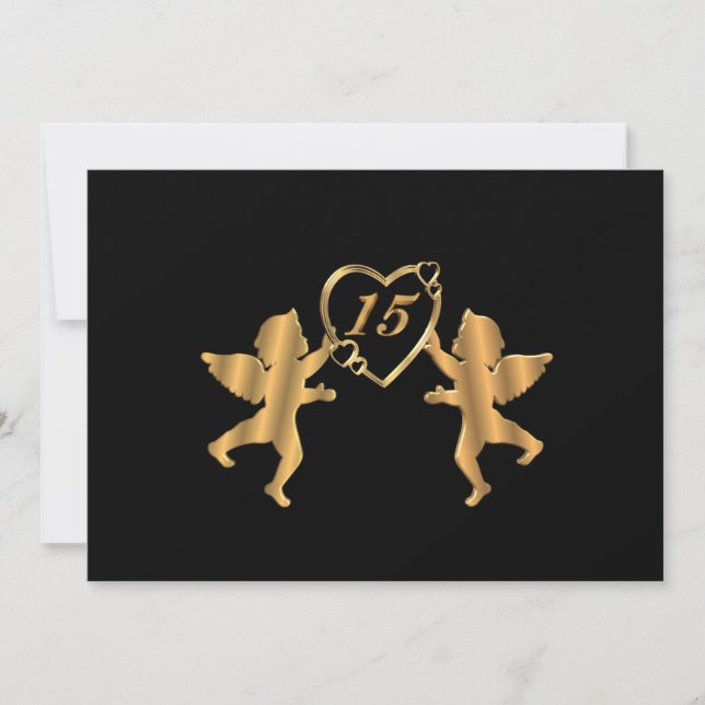 Invitación Quinceanera Oro cupidos en negro por 15 años (Anverso)