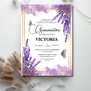 Invitación Quinceañera oro Espliego púrpura Mariposa Floral