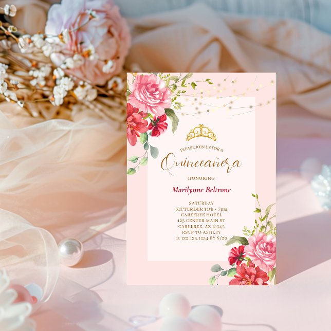 Invitación Quinceañera Oro Floral Rosa (Subido por el creador)