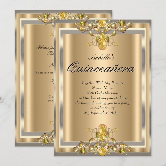 Invitación Quinceanera Oro Gemas Amarillas Beige 15 Cumpleaño (Anverso / Reverso)