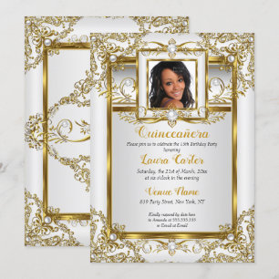 Invitación Quinceañera Oro Perla Blanca Damasco Foto Cumpleañ