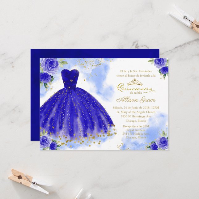 Invitación Quinceanera Oro Real Español Azul (Anverso/Reverso In Situ)