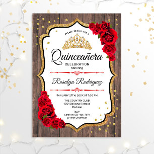 Invitación Quinceanera - Oro Rojo Blanco de Madera Rusa