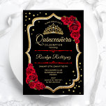 Invitación Quinceanera - Oro Rojo Negro<br><div class="desc">Invitación a la celebración de Quinceanera blanca y dorada. Incluye tipografía de guiones,  rosas rojas,  tiara y confetti. Diseño elegante con oro falso purpurina. Perfecto para una elegante celebración de glam.</div>