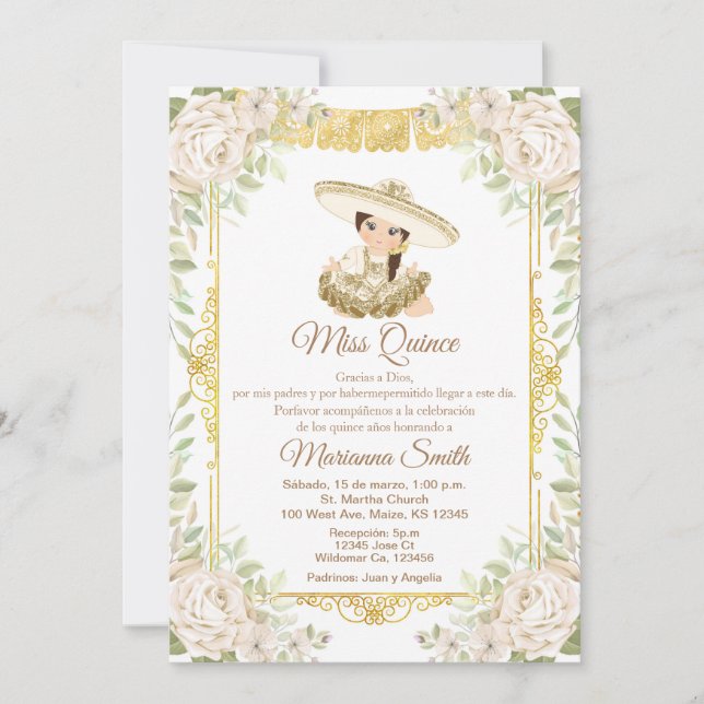 Invitación Quinceañera Oro Rosas Blancas Fiesta Mis Quince  (Anverso)
