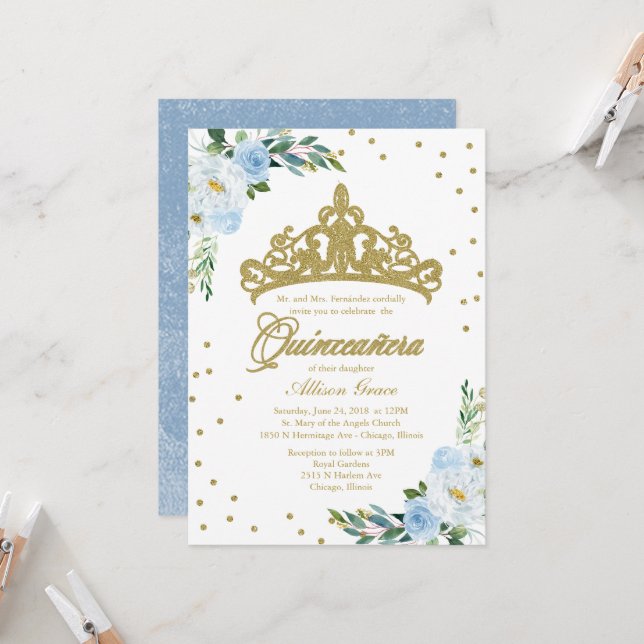 Invitación Quinceanera Oro Tiara Bebé Azul Floral (Anverso/Reverso In Situ)