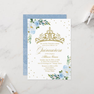 Invitación Quinceanera Oro Tiara Bebé Azul Floral