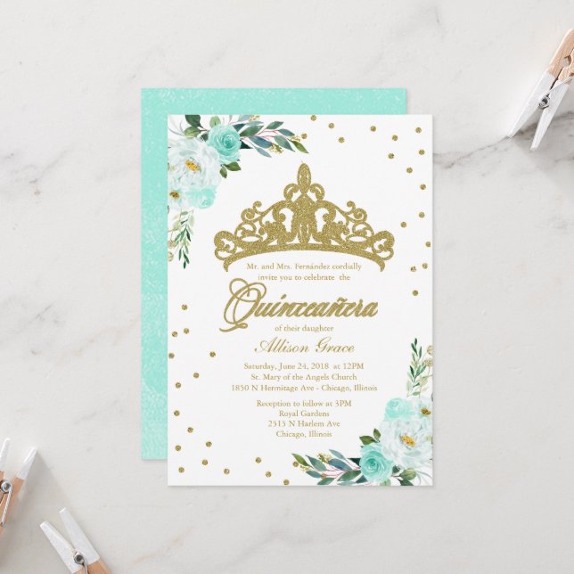 Invitación Quinceanera Oro Tiara Y Flores Verde az (Anverso/Reverso In Situ)