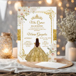 Invitación Quinceanera Oro y Corona de Cumpleaños Floral Blan<br><div class="desc">Quinceanera Gold & White Floral Birthday Crown Invitation Mis Quince Anos,  15º cumpleaños, </div>
